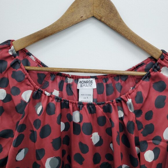 Monroe & Main Red Polka Dot Print Peasant Blouse L Sheer 3/4 Balloon Sleeve Top - Picture 10 of 15